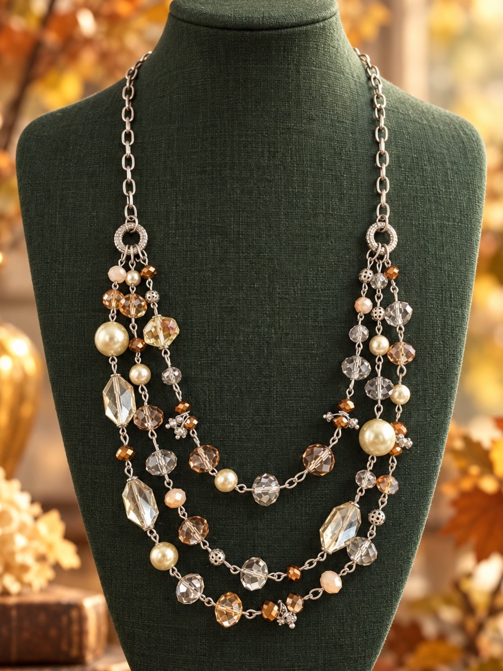 Long 3-Strand Champagne Crystal Bead Faux Pearl Silver Tone Statement Necklace